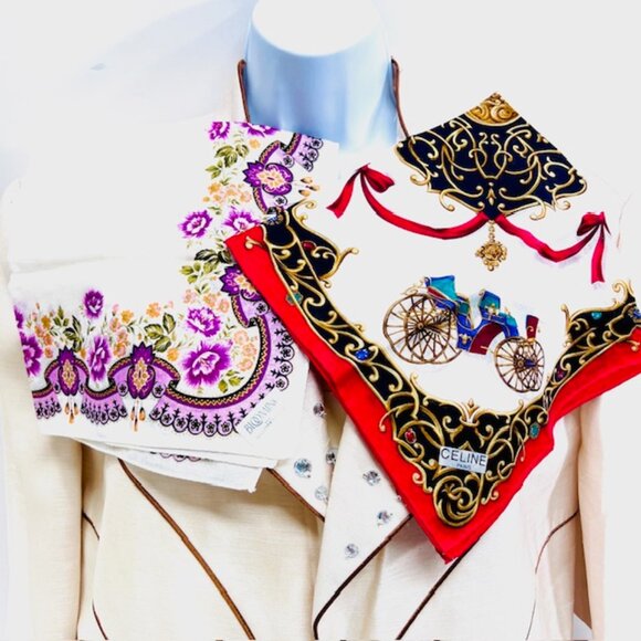 (2) Unused MiniScarfs19" : Celine Paris Red carriage horse +Blooming Floral (40) - Picture 2 of 12